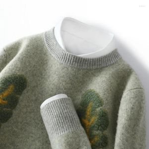 Men's Sweaters Wool Sweater Leaf Jacquard Knitted Pullover Round Neck Thickened Warm Cashmere Base Loose Casual Korean Tops