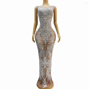 Stage Wear Sexy Nude Mesh Transparent Silver Rhinestones Crystals Dress Birthday Celebrate Multicolor Stones Outfit Prom Party Gowns