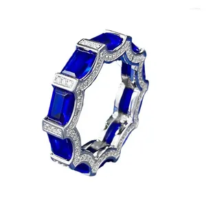 Кластерные кольца Европейский и американский трансграничный S925 Silver Row Diamond Simulation Royal Blue Luxury Sense