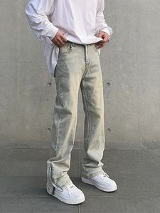 Herrenanschlusse Jeans Y2K Herbst Mode Casual Retro geeignet für verzweifelte einfache feste Farbhose Reißverschluss Mattgelb Ultra-dünn Denimhose 231222