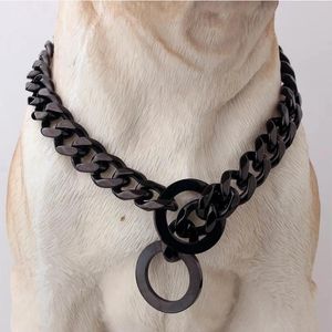 Leashes 15mm Stainless Steel Dog Chain Metal Training Pet Collars Thickness Gold Silver Slip Collar for Large Dogs Pitbull Bulldog Y200515