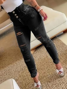 Yırtık delikler rahat skinny jeans eğik cepler sıkıntılı tek yüzlü düğme yüksek bel denim pantolonlar kadın 231221