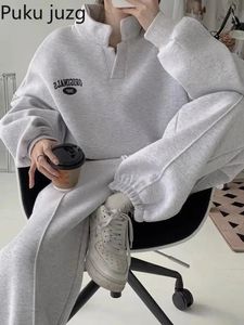 Sonbahar Kış Kadınları Giysiler Gözetleme Gevşek Gevşek Spor Hoodie Set Moda Katı 2 Parçalı Set Jogging Suit Kadın 231222