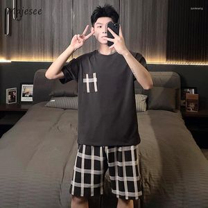 Women's Sleepwear Plaid Pajama Sets Men Summer Loose Tops Contrast Color Japanese Style Retro Bottoms Streetwear Handsome Minimalist