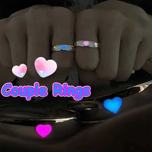 Band Rings 1/2Pcs Luminous Couple Ring Heart Luminous Ring Glow In Dark Adjustable Finger Rings Valentine's Day Jewelry Gift rsL231222