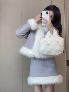 Work Dresses 2023 Winter Warm Korean Fashion Set Woman French Elegant 2 Piece Skirt Outwear Fur Coat Jacket Slim Y2k Mini