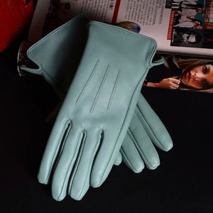 Womens Ladies 100% Real Leather Sheep skin Elegant Winter Warm Thick Lining White Pink Colorful Cute Outdoor Short Gloves 231221