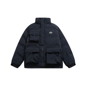 カップル用の大きなポケットが付いた冬のゆったりしたソリッドカラージャケット、立ち上がる襟、男性用の暖かい綿ジャケット