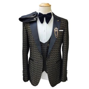 Black and White Mens Suit 3piece Gold Print Road Wedding Costume Men Clothing Suits for 231221