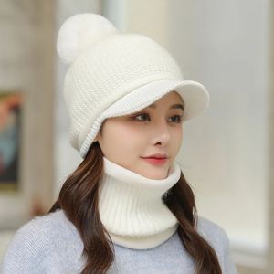 Winter Women's Knitted Flat Tongue Hat Two Piece Set Rabbit Hair Letter Warm Baseball Ear Protection Neck Waiver Wool 231221