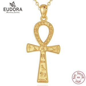 Pendant Necklaces Eudora 18K Gold Ancient Egyptian Ankh Necklace for Women Man 925 Sterling Silver Symbol of Life Cross Pendant Fine Jewelry Gifts 231222