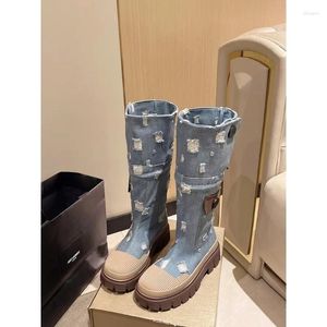 Boots Distressed Denim Women Wild Thick Bottom Platform Knee Length Shoes Fall Winter Streetwear Boot