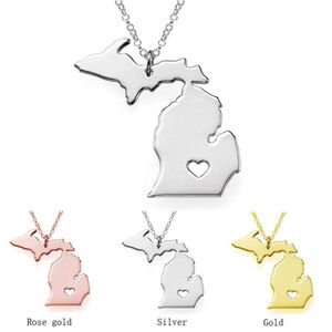Trendy Michigan Map Necklace Stainless Steel Heart Pendant Women Fashion Jewellery Gift 12pcs lot Necklaces298U