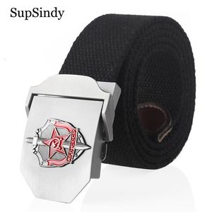 Supsindy Man Canvas Belt 3D Glory Soviet Glory KGB Metal Buckle Jeans للرجال CCCP الجيش الأحزمة التكتيكية الذكور حزام Black275e