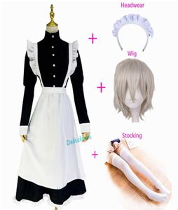 Mulheres homens crossdresser margem de empregada de bens de bens de vestido de avental preto branco uniforme de uniforme de anime Cosplay de halloween peruca Y0907817532