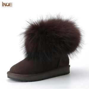 Sapatos inoe moda meninas real guaxinim pele de raposa camurça de vaca couro feminino casual tornozelo curto inverno botas de neve sapatos quentes preto marrom