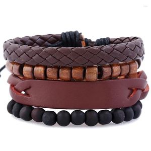 Pulseira punk vintage multicamada de pulseira de couro genuíno homem moda moda silenciosa miçangas de madeira de corda pulsões pulseiras bangles banges de presente