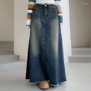 Röcke Vintage Denim Maxiskirts Frauen amerikanischer Stil gewaschener Knöchel Länge Y2K Cowboys A-Line Skorts Ladies Long Flare Jeans Kleider