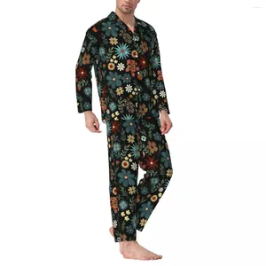 Herren Nachtwäsche Ditsy floraler Pyjamas Set farbenfrohe Blumen bequem bequemes Langarm Casual Home Zweitbeugen Nachtwäsche große Größe XL 2xl