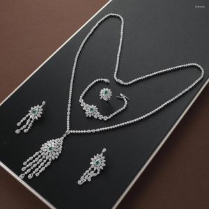 Brincos de colar Definir conjuntos de anel de pulseira de borla de folha de folhas de luxo para mulheres jóias nupciais de zircônia cúbica S482-2940