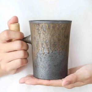 Mugs Japanese style Vintage Ceramic Coffee Mug tea Cup Tumbler Rust Glaze Office Tea Milk Beer Mug with spoon Wood Handle Water Cup 210