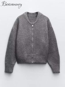 Malhas femininas cinza o-pescoço kint suéter suéter de manga longa zíperes