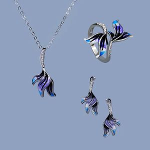 925 Stamp Jewelry Set for Women Beautiful Leaf Floral Ring Necklace Stud Earrings Enamel Women's Jewelry Three Piece 231221