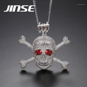 Jinse Full Rhinestone Punk Red CZ Stone Skeleton Skull Pendants Halsband för män Guldfärg Hip Hop Jewelry Gift Rope Chain1264e