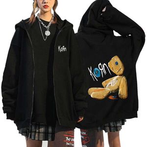 Punk Rock Band Men's Hoodies Korn Print Zipper Jackets Streetwear Y2K Loose Hooded Sweatshirts Unisex Casual Zip Up Cardigan