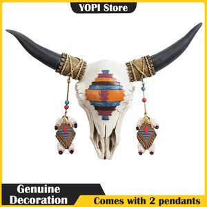 Bull Head Wall Decoration With 2 Pendants Vintage Ox Harts Statue Home Living Room Bedroom Office Interior Art Decor 231221