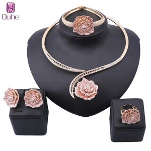 Handmade Dubai Gold Color Crystal Rose Flower Jóias Moda Casamento Africano Colar de colar dos conjuntos de brindes 231221