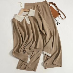 Pantaloni da donna a due pezzi in maglia e pantaloni a gamba larga in vita alta set per donne a colori a colori taglienti di nicchia francese inverno autunno inverno