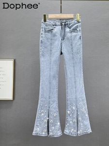 Tung diamantpärlade split flared byxor jeans kvinnor vår bomull elastisk hög midja smal fit bellbottoms kvinnlig 231221