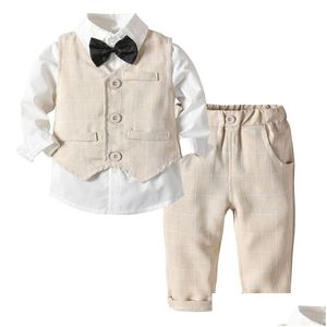 Giyim Setleri Toddler Boy Giysileri Çocuklar Erkekler Düğün Takımları Çizgili Yelek Beyaz Gömlek Pantolon Ekle 3 PCS Sayfa Kıyafetleri Çocuk Dış Giyim 20 Dhiqm