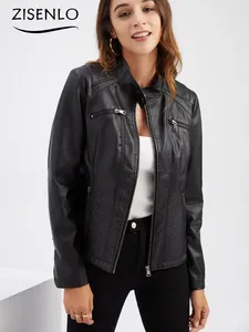 Frauen Leder Frauen Jacke Herbst Casual Standing Collar Langarm Slim Solid Color Coat Streetwear Reißverschluss