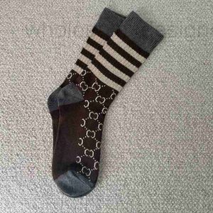 Athletic Socks Designer Trendy autumn and winter fashion letter stripes, coffee gray color block, middle tube pile cotton socks for women