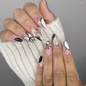 False Nails Back Gradient Stripes Butterflies Picking Flowers Short Almond Head Fake Full Coverage Art Press On