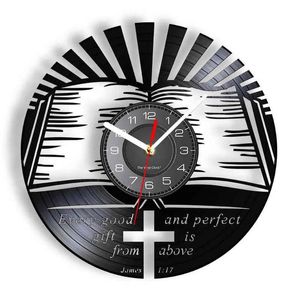 Klockor James 1:17 Bibelvers konst Vintage Wall Clock Christian Home Decor Religious Citat Vinyl Album Longplay Record Clock Prayer Gift H