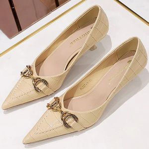 Dress Shoes 2024 Women 4.5cm Mid High Heels Leather Pumps Lady Pointed Toe Office Low Stone Pattern Fetish Metal Hasp Bride Prom