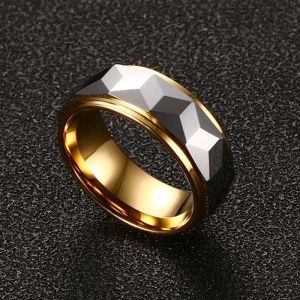 Wolframringe aus 14-karätigem Gelbgold, facettenreicher Prisma-Ring für Herren-Ehering, 8 mm, bequeme Passform
