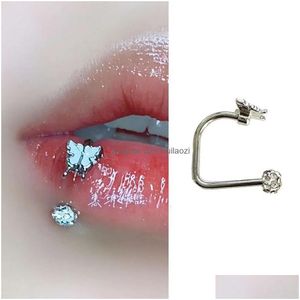 Labret Lip Piercing Jewelry D-Shaped Butterfly Mud Ball Ring Super Oil Drop Fine Sparkling Small And Sweet Spicy Girl Colorf Drinka Dhvln