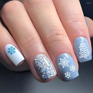 False Nails 24st/set Short Square Fake For Women Girls White Blue Tips Snowflakes Glitters Design Faux Ongles Press On Nail Art