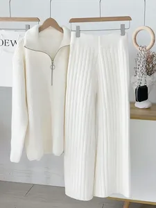 Women's Two Piece Pants Autumn And Winter Zipper Sweaters Set Thickening Warm Knitted High Waist Women Suit White Elegant For