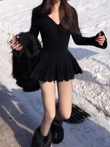 Vestidos casuais básicos de inverno estilo coreano sexy malha nova vestido de uma peça mulher v pesco