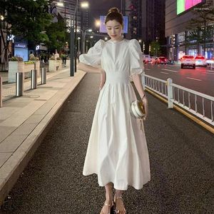 Casual Dresses Women French Style Vintage Puff Half Sleeve Midi Vestdios Simple Empire Solid Ulzzang Dating Party Lady Feminine Mujer