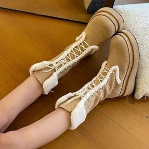 Platform Women Fur Shoes Warm Flats Chelsea Boots Winter Trend Lace Up Short Plush Cotton Suede Snow Mid Calf 231221