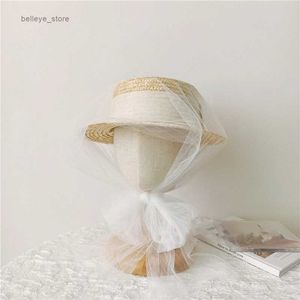 Stingy Brim Hats Sweet Korean Style Baby Girls 'Beach Sunhat Wheat Straw Top Hat Mesh Cover går med formella klädparty Wear Fashion AccessoriesL231221