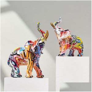 Oggetti decorativi Figurine Art Colorf Elefante Scpture Resina Animale Statua Moderna Iti Casa Soggiorno Arredamento Scrivania Regalo estetico 2 Dheiv