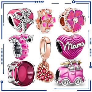 925 Silver 2022 Ny Red Bow Flower Caterpillar Car Love Mom Pendant Pärlor Lämpliga för Original Pan Charms Silver Armband Kvinnor Free Frakt