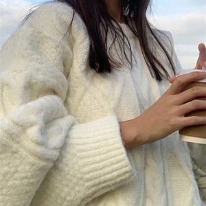 Fotvotee 대형 스웨터 여성 풀 오버 니트 스웨터 가을 겨울 두꺼운 따뜻한 패션 O 목 흰 빈티지 옷 231221